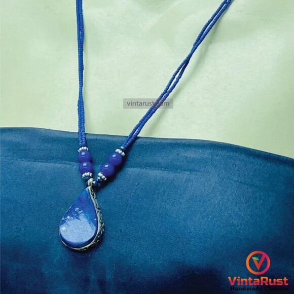 Lapis Lazuli Tear Drop Pendant Necklace: Beaded Gemstone Jewelry - Picture 3 of 11